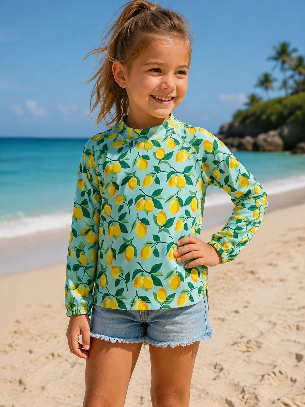 Janie and Jack Long sleeve Swim Top Lemons Girls Size 6 See Description